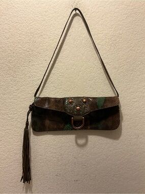 Guess collection Camouflage Pattern Brown Leather Clutch with Tassel